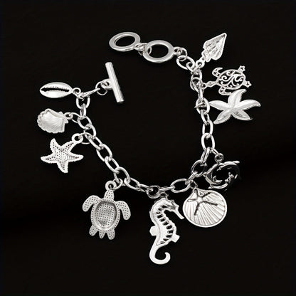 S925 Silver Ocean Charm Bracelet for Women – Seahorse, Turtle, Dolphin, Starfish, Conch & Scallop Pendant Chain, Elegant Marine Animal Jewelry Friendship Gift for Summer & Vacation
