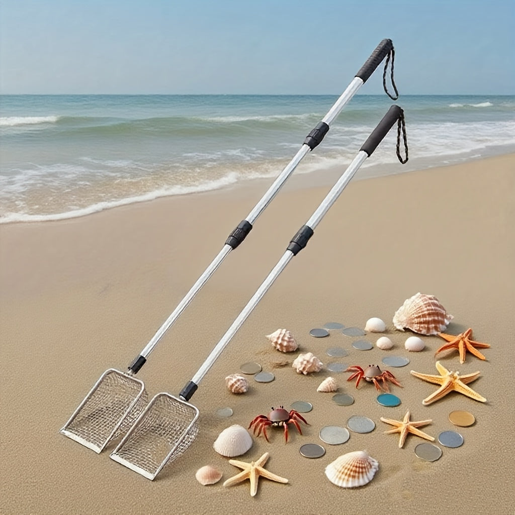 Stainless Steel Retractable Beach Sifter Scoop with Telescoping Handle – No-Bend Shell Collecting, Treasure Hunting & Beach Combing Tool | Also Works as Cat Litter Scoop (1 or 2 Pack)