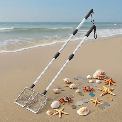 Stainless Steel Retractable Beach Sifter Scoop with Telescoping Handle – No-Bend Shell Collecting, Treasure Hunting & Beach Combing Tool | Also Works as Cat Litter Scoop (1 or 2 Pack)