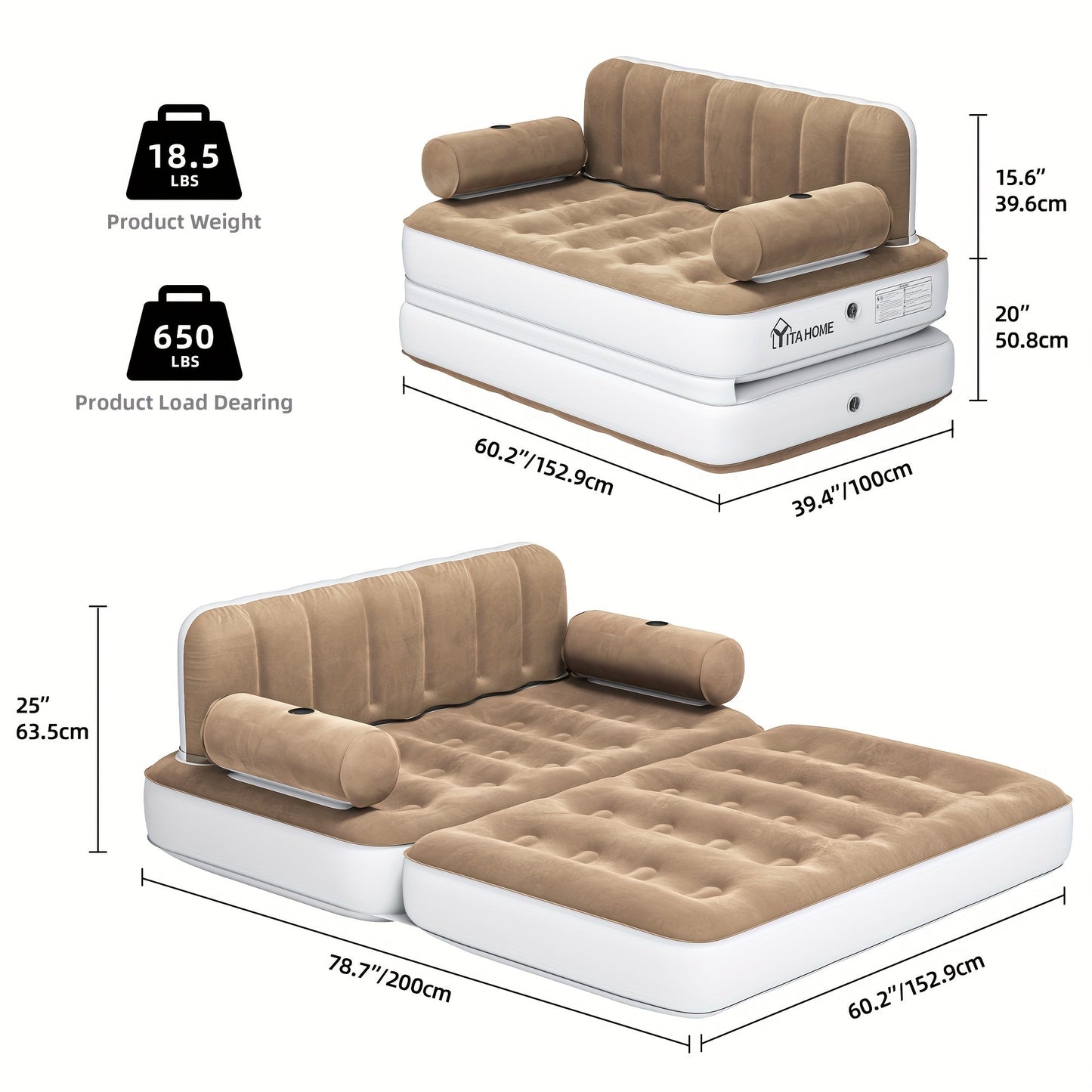 Inflatable Air Sofa Bed 2-in-1 Queen Size – Portable Blow Up Couch & Airbed with Headboard, Cup Holders, External Pump & Storage Bag, 440 lb Capacity for Home, Camping & Guests