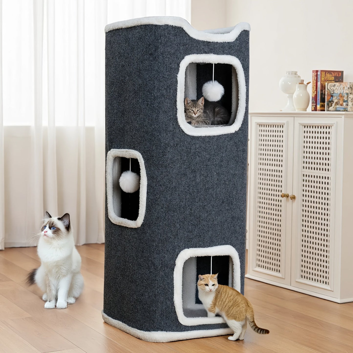Multi-Level Foldable Cat Tree Tower for Indoor Cats – Scratching Post, Cozy Perch, Cat Condo with Hanging Toy Ball, Cat Hideaway, Soft Bed, 1/3/4 Tier Options