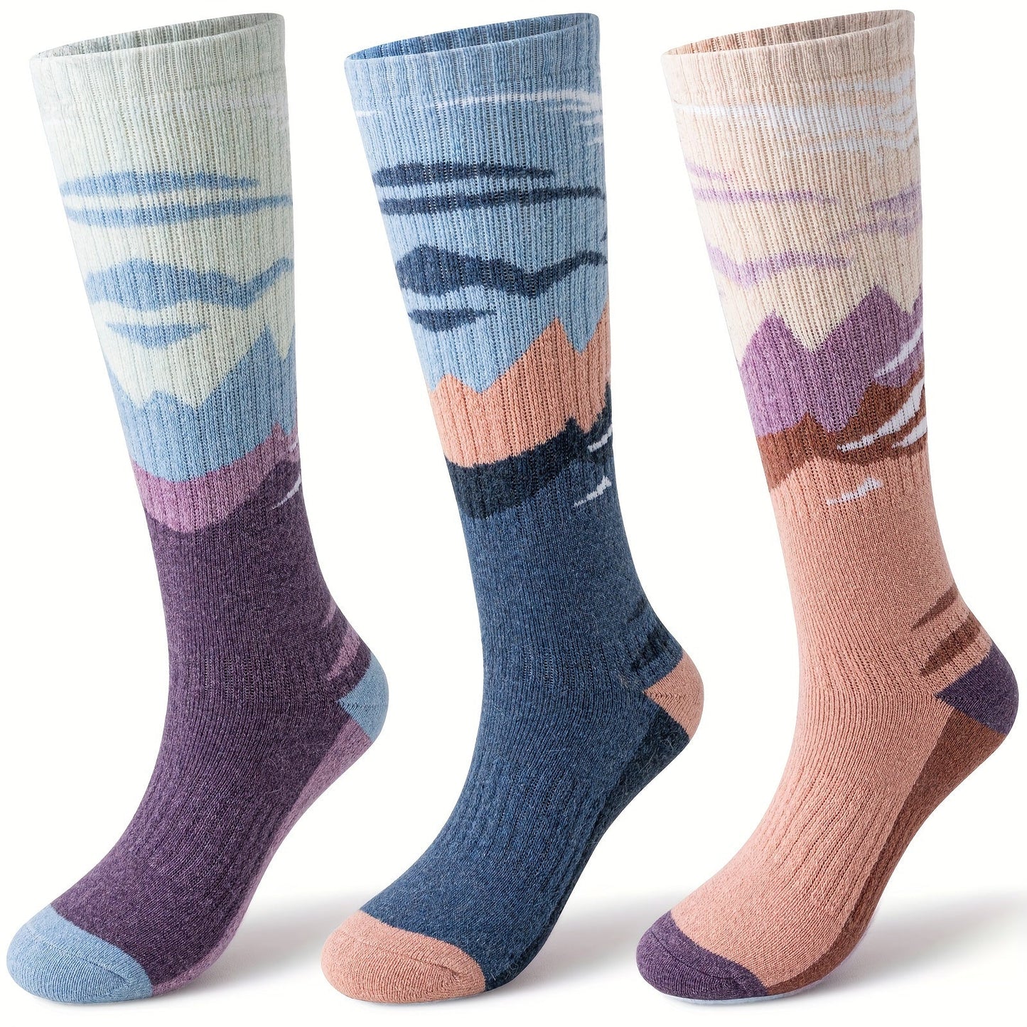 Wool Ski Socks 3 Pairs Thermal Knee High for Men & Women – Thick Warm Winter Socks for Skiing, Snowboarding & Outdoor Sports, 70% Wool, Sizes M & L, Multicolor / Dark / Snow Mountain