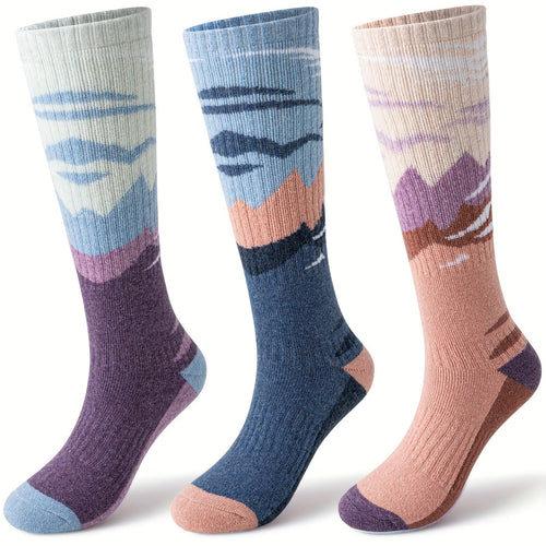 Wool Ski Socks 3 Pairs Thermal Knee High for Men & Women – Thick Warm Winter Socks for Skiing, Snowboarding & Outdoor Sports, 70% Wool, Sizes M & L, Multicolor / Dark / Snow Mountain