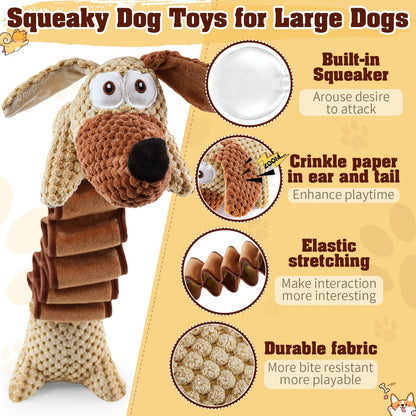 Large Squeaky Crinkle Dog Toy – Extendable 15.7" to 19.7" Plush Pull & Tug Bite Toy with Crinkled Paper Filling for Small Medium Large Dogs, Interactive Fetch & Chew Toy, No Battery Needed