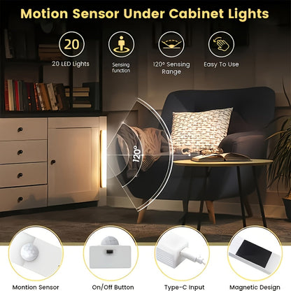LED Motion Sensor Cabinet Lights USB Rechargeable 6 9 12pcs Wireless Night Light 3 Adjustable Modes for Bedroom Staircase Kitchen Closet Under Cabinet Bedside Reading Hallway Home Lighting
