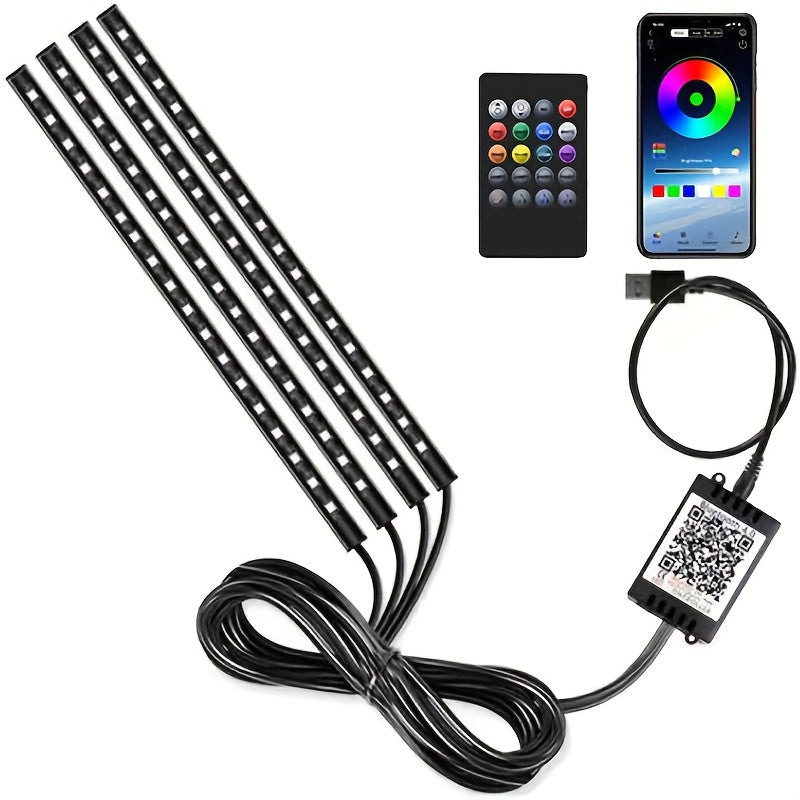 Music Sync LED Car Interior Lights – 4pcs USB Powered RGB Underfoot Ambient Lighting Kit with App & Remote Control, Colorful Atmosphere Lights for Car Truck SUV, No Battery Required