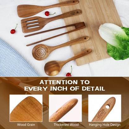 Wooden Kitchen Utensils Set 3/5/7 Piece, Natural Wood Spoons Spatulas Spurtle Ladle & Wok Spatula with Ergonomic Handles, Heat-Resistant Non-Stick Safe Heavy-Duty Cooking Tools for Home Kitchen