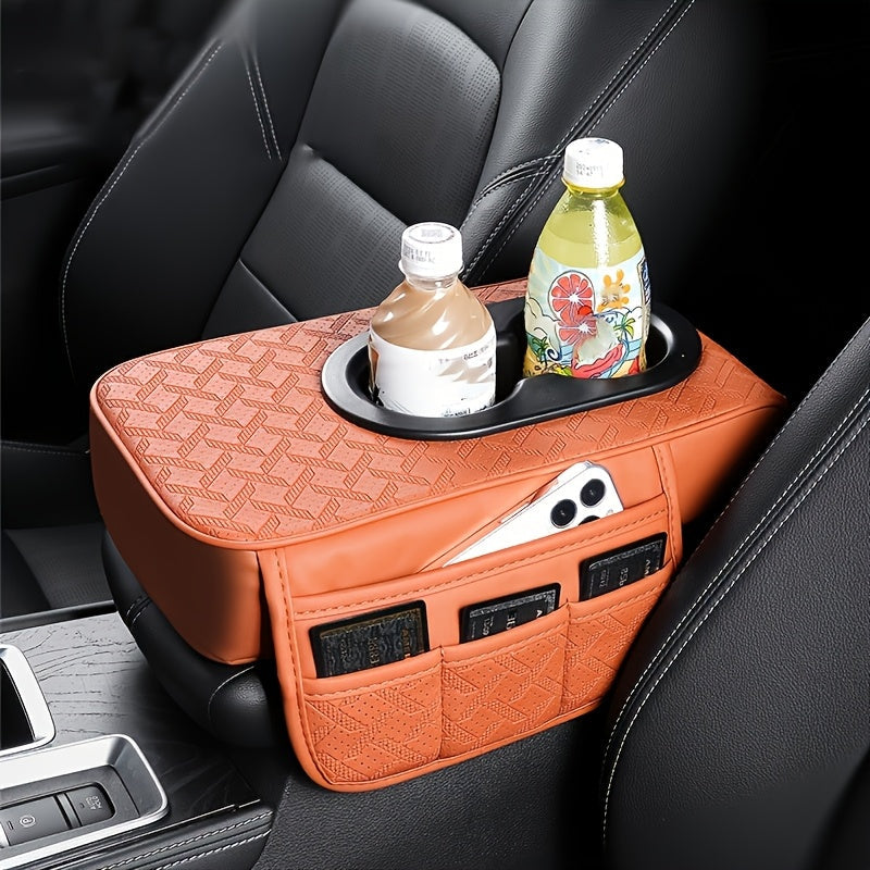 PU Leather Car Center Console Mat & Armrest Box Cover | Universal Fit, 2 Side Pockets, 2 Cup Holders, Phone & Card Storage, Tissue Box Replacement – Black, Grey, Red, Beige, Brown, Cream