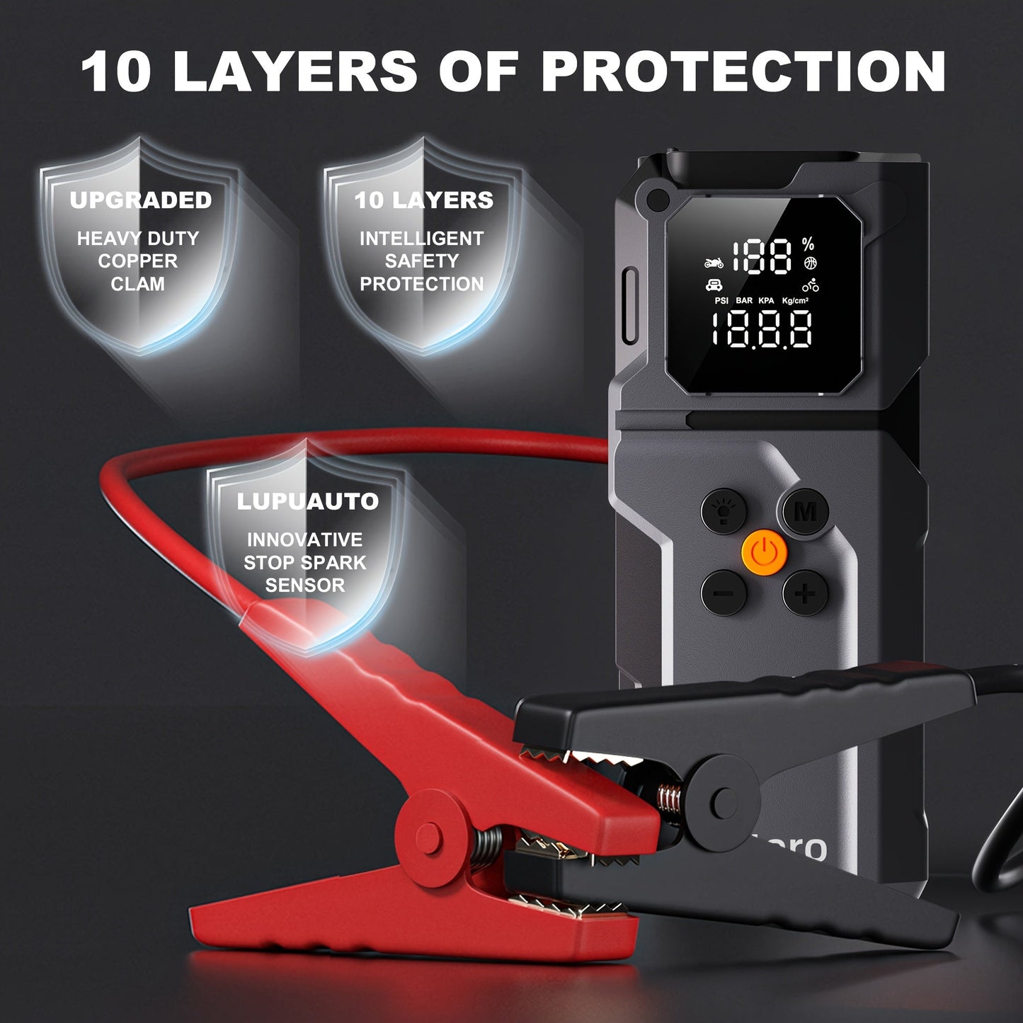 10000A Jump Starter with Air Compressor 160 PSI, Portable Car Battery Jump Starter Pack for Gas & Diesel Engines, USB-C QC 3.0 Fast Charge, Large Display, 3-Mode LED Flashlight, Jumper Cables Included – Giatero Q27