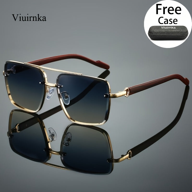 Square Fashion Glasses with Wood Grain Temples for Men Women – Double Beam Retro Design Gradient Lens Sunglasses Unisex for Driving Travel Street Photography Gift with Case
