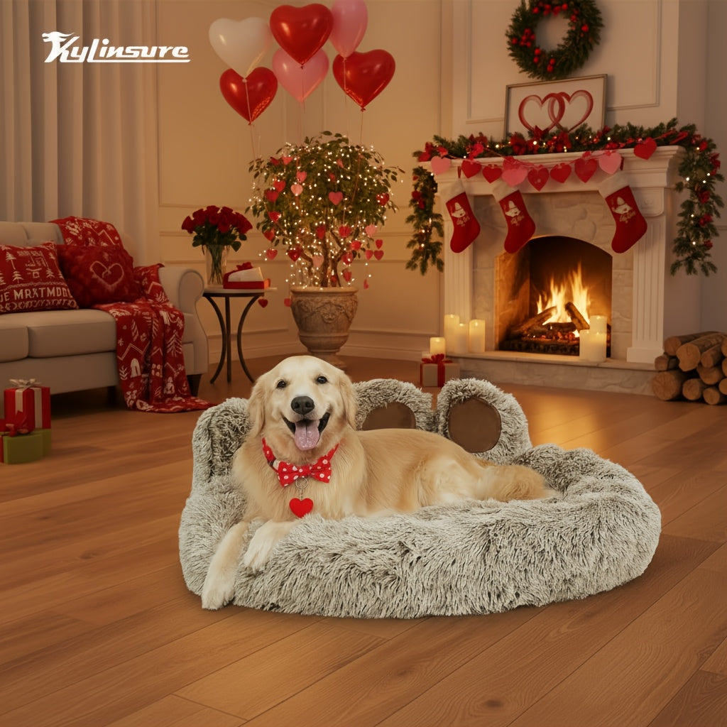 Bear Paw Shaped Donut Dog Bed & Cat Bed – Calming Warm Soft Plush Round Pet Mattress with Bonus Pet Scarf S M L XL 2XL Coffee Pink Grey Brown for Small Medium Large Dogs Cats