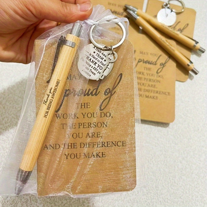 24-Piece Inspirational Gift Set Bamboo Retractable Pen Keychain Gratitude Notebook Gift Bag Bulk Appreciation Gifts for Employees Teachers Thanksgiving Christmas