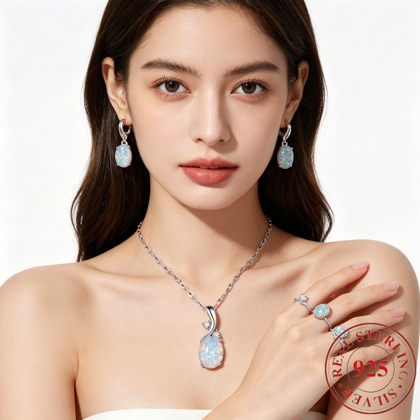 925 Sterling Silver Water Drop Opal Jewelry Set for Women – 4 Piece Necklace Earrings and Ring Set, Elegant Opal Pendant Fashion Jewelry Gift for Party Daily Wear Birthday Anniversary
