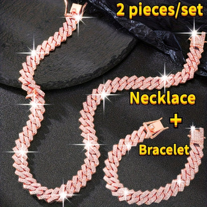 Cuban Link Necklace and Bracelet Set Rhinestone Zircon Bling Hip Hop Jewelry Set Gold Silver Rose Gold Y2K Punk Chain Set for Women Men Gift