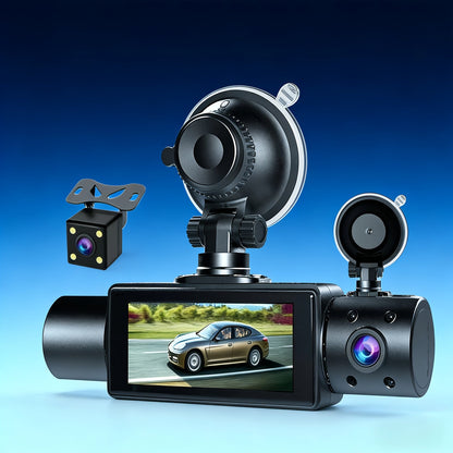3-Channel Dash Cam with Infrared Night Vision & Smartphone App – Front, Rear & Interior Car Camera with Loop Recording, Wide Angle Lens, Optional 64GB/512GB Memory Card for Cars, Trucks & Rideshare