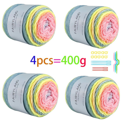 Colorful Yarn Thread & Weaving Accessories Kit 2/4pcs Cotton Acrylic Wool Blend with C-Type Buckle Weaving Needle Bow Twist Needle DIY Knitting Crochet Sweater Scarf Beginner Craft Set