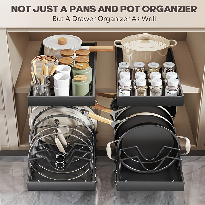 Pull Out Pot & Pan Organizer Rack for Under Cabinet – Slide Out Lid Holder with 8 Adjustable Compartments, Drill-Free Install, Kitchen Cabinet Cookware & Baking Sheet Organizer – 1pc or 2pcs