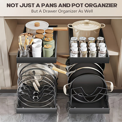 Pull Out Pot & Pan Organizer Rack for Under Cabinet – Slide Out Lid Holder with 8 Adjustable Compartments, Drill-Free Install, Kitchen Cabinet Cookware & Baking Sheet Organizer – 1pc or 2pcs