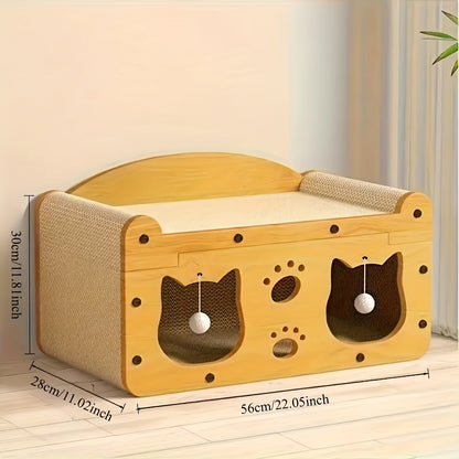 Cardboard Cat Scratching House – Durable Hideout & Bed with Feather Wand Toy, Ventilated Indoor Cat Scratcher, Available in 17.7" & 22" Sizes
