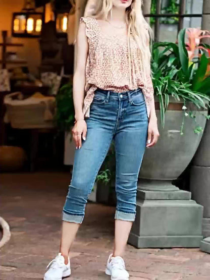 High Waist Retro Denim Capri Pants for Women Glossy Stretchy Straight Leg Button-Front Vintage Blue Casual Spring Summer S-XXL