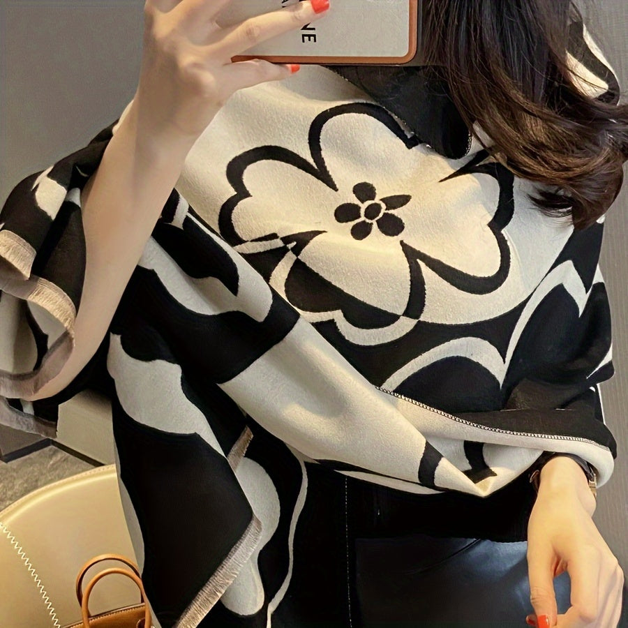 Women's Elegant Floral Print Shawl Scarf – Soft Warm Fleece-Like Texture, Lightweight Breathable Winter Wrap, Versatile Blanket Scarf for Casual & Formal Outfits