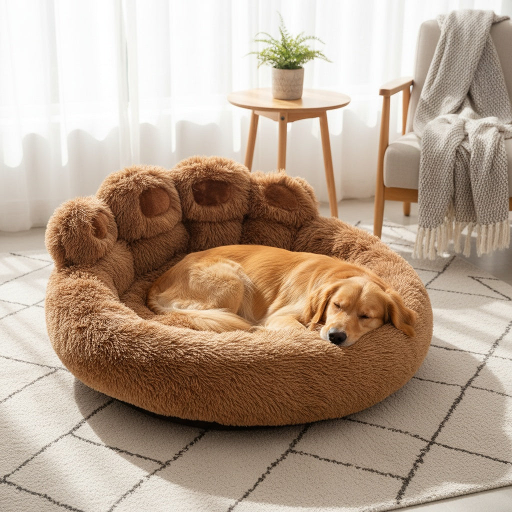 Bear Paw Plush Round Pet Bed for Dogs & Cats – Soft Calming Dog Bed, Non-Slip Cat Bed, Warm Cozy Puppy Bed, Small Medium Large, 20/24/28/36 Inch, Coffee/Pink/Gray