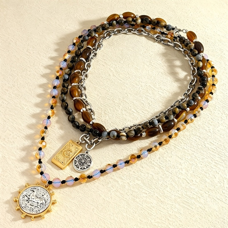 Boho Multi-Layer Tiger's Eye Beaded Necklace for Women – Vintage Nautical Compass Pendant Stackable Layered Clavicle Chain, Bohemian Statement Jewelry for Daily Party Vacation Gift