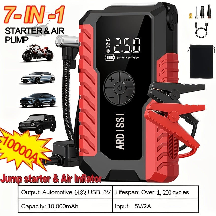 5000A Peak Portable Car Jump Starter with 150 PSI Air Inflator Pump – 10000mAh All-in-One Emergency Battery Booster, Type-C, LED Light for 12V Gas & Diesel Cars, Trucks, SUVs & Motorcycles