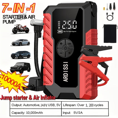 5000A Peak Portable Car Jump Starter with 150 PSI Air Inflator Pump – 10000mAh All-in-One Emergency Battery Booster, Type-C, LED Light for 12V Gas & Diesel Cars, Trucks, SUVs & Motorcycles