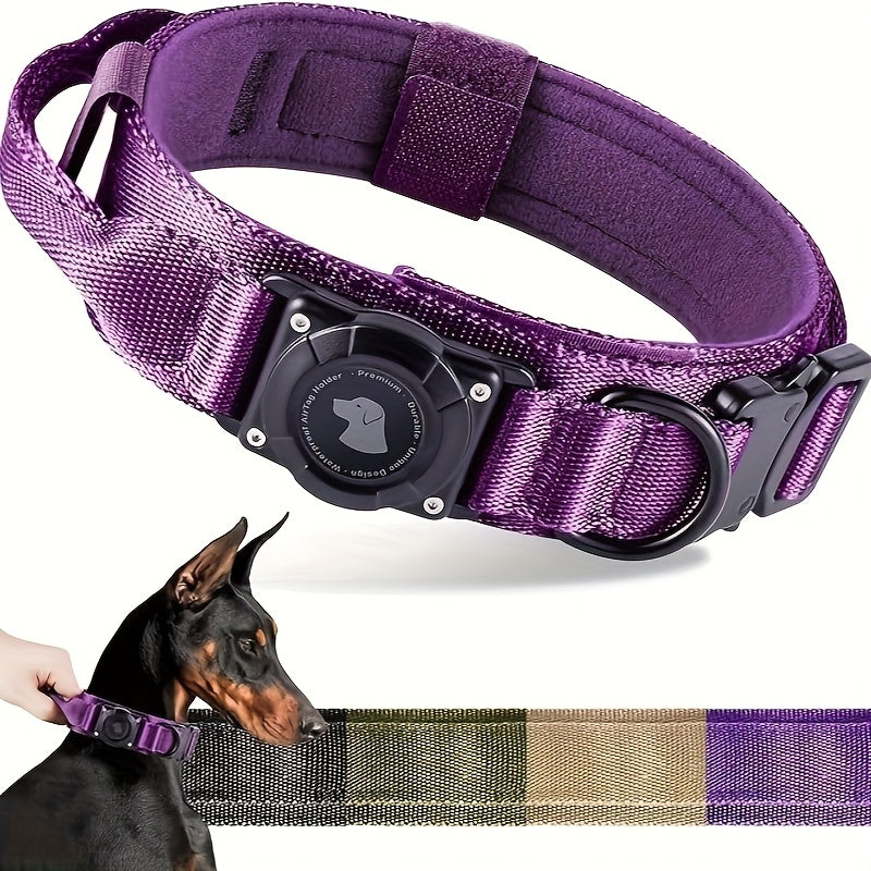 Tactical Dog Collar with AirTag Holder & Handle – Heavy Duty PC Nylon, Adjustable M/L/XL for Medium Large Dogs, Military Style Training Collar with Control Handle