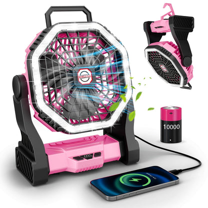 Rechargeable Portable Camping Fan with LED Light & Hanging Rope - 4-Speed USB Battery Powered Tent Fan for Outdoor Travel Indoor Home