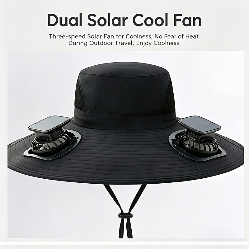 Solar Fan Hat Wide Brim Sun Protection Cap with USB Charging Built-in Fan for Fishing Hiking Camping Outdoor Sports Men Women