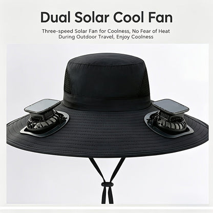 Solar Fan Hat Wide Brim Sun Protection Cap with USB Charging Built-in Fan for Fishing Hiking Camping Outdoor Sports Men Women
