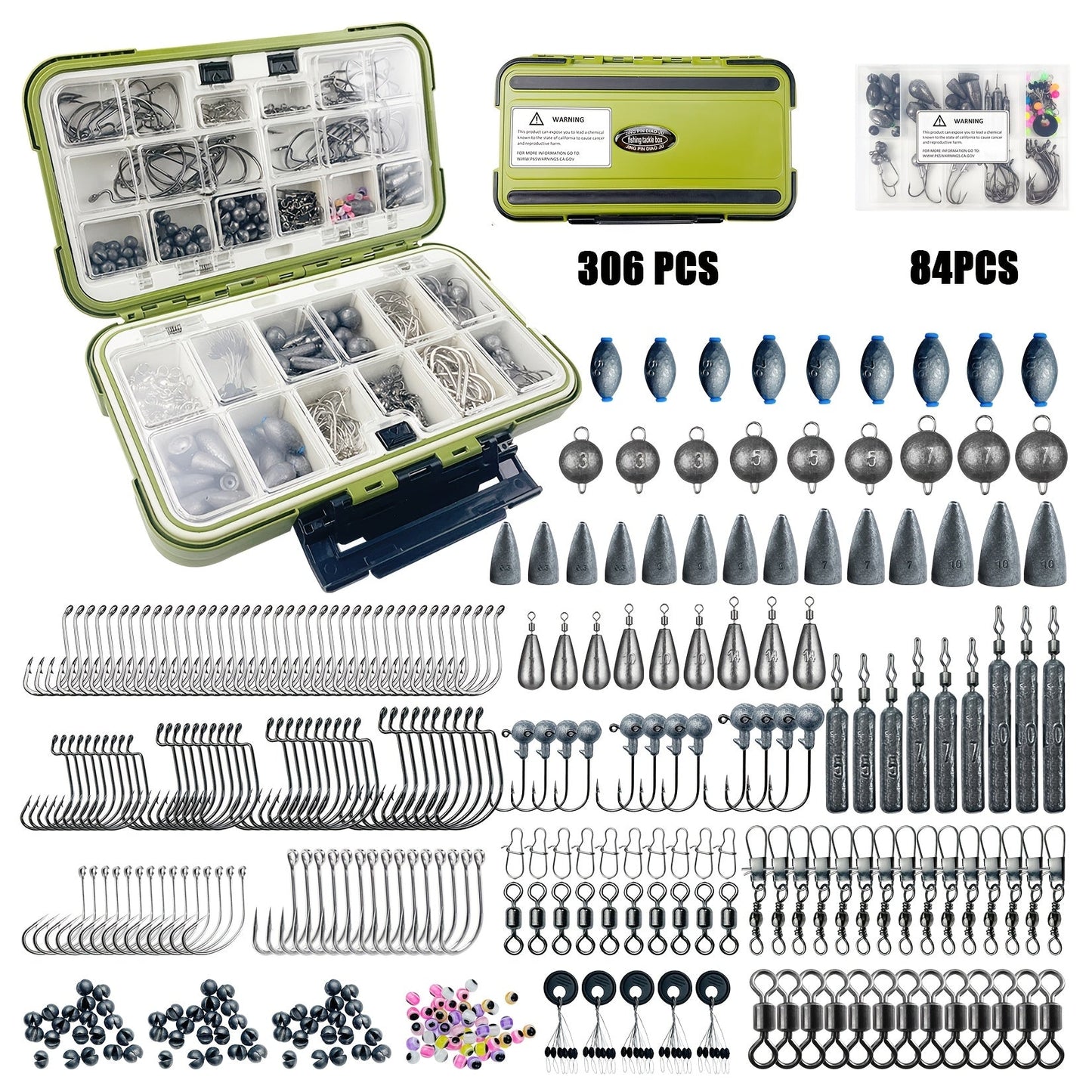 Fishing Lure Kit 306PCS & 84PCS – Complete Tackle Box with Hooks, Sinkers, Bobbers, Jigs, Beads, Swivels & Snaps | Freshwater Fishing Accessories Set for Bass Trout Carp