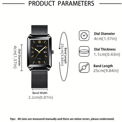 4pcs Men's Fashion Quartz Watch & Jewelry Set – Stainless Steel Strap Date Display Watch with Necklace Bracelet Ring, Business Casual Elegant Gift Set for Men in Gold Silver Black