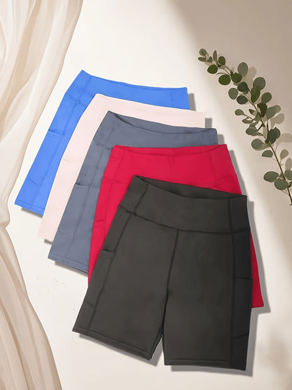 Women's High-Waisted Cycling Shorts 5-Pack with Pockets – Yoga Gym Running Workout Shorts, Stretch Polyester Fabric, Sizes M to XXL, Mixed Colors Set for Active Women