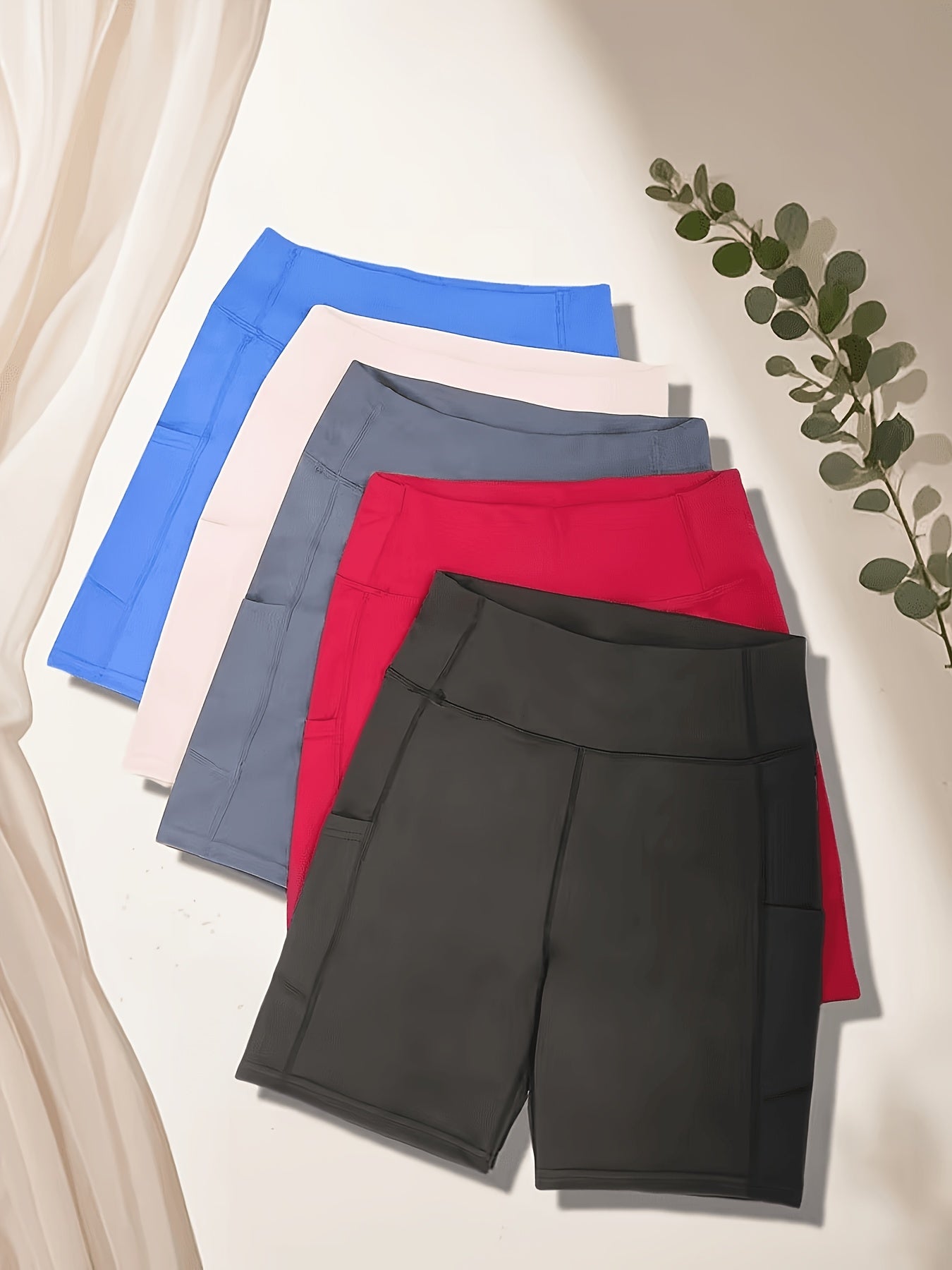 Women's High-Waisted Cycling Shorts 5-Pack with Pockets – Yoga Gym Running Workout Shorts, Stretch Polyester Fabric, Sizes M to XXL, Mixed Colors Set for Active Women