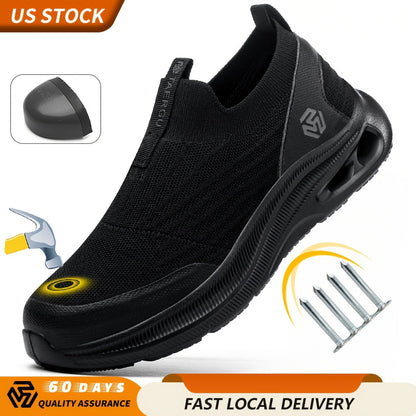 Steel Toe Work Shoes for Men Slip-On Lightweight Safety Sneakers Puncture-Resistant Non-Slip for Construction Warehouse Restaurant Black Grey Blue US 5.5-14