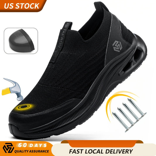 Steel Toe Work Shoes for Men Slip-On Lightweight Safety Sneakers Puncture-Resistant Non-Slip for Construction Warehouse Restaurant Black Grey Blue US 5.5-14