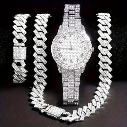 Men's Hip Hop Rhinestone Bling Watch Set with Waterfall Chain Bracelet & Necklace – Sparkling Quartz Watch Jewelry Set for Men, 3pc & 5pc, Perfect Holiday Gift