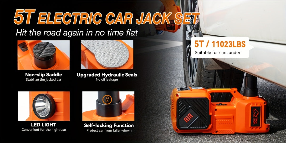 5 Ton Electric Hydraulic Car Jack with Built-in Air Pump - Portable Car Lift for SUV MPV Truck Tire Replacement & Garage Maintenance, Optional Electric Impact Wrench, Emergency Roadside Tool