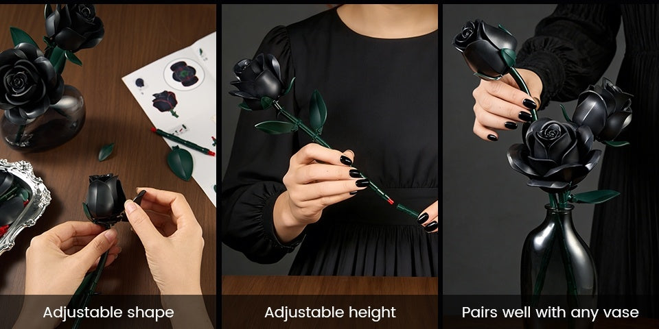 Gothic Black Rose 3D Building Brick Set 152 Pieces Artificial Flower Bouquet Display Model Kit Three Black Roses Unique Gift for Adults Teens Valentine Birthday Halloween Christmas