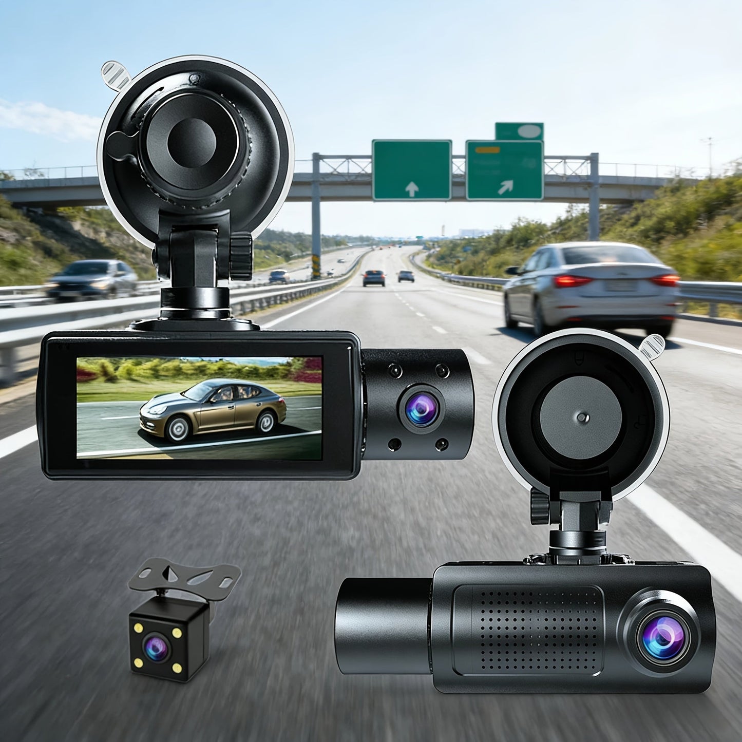 3-Channel Dash Cam with Infrared Night Vision & Smartphone App – Front, Rear & Interior Car Camera with Loop Recording, Wide Angle Lens, Optional 64GB/512GB Memory Card for Cars, Trucks & Rideshare