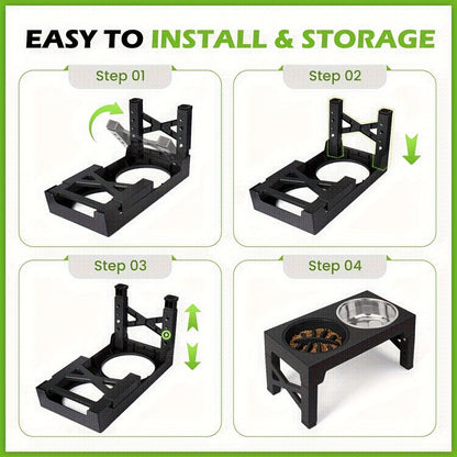 Adjustable Elevated Dog Bowl Stand with 3-Bowl Set – 5 Heights 3.2–12.2 Inch, 2 Stainless Steel Bowls + Slow Feeder Bowl for Small Medium Large Dogs, Raised Feeder in Black or Gray