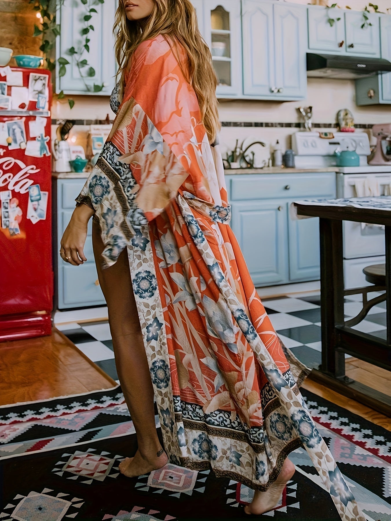 Women's Beach Kimono Cover Up Floral Crane Pattern Long Sleeve Loose Fit Cardigan Swimwear Cover-Up for Beach Pool Vacation Resort One Size