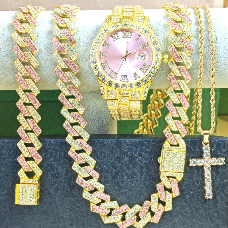 Luxury Cuban Link Jewelry Set for Men & Women – Necklace, Bracelet, Pendant & Wristwatch Full Set, Multiple Colors, Perfect Valentine’s Day, Christmas & Birthday Gift