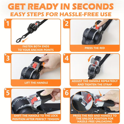 Retractable Ratchet Tie Down Straps 4-Pack Heavy Duty Self-Retracting – 2pcs 10 Ft Auto Cargo Straps for Truck, Trailer, Motorcycle, Moving & Appliances Securing
