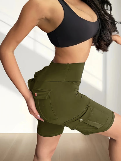 Women's High Waist Yoga Shorts with Pockets – Solid Color Soft Stretch Workout Shorts for Yoga Gym Running, Flattering Fit, Spring Summer Fall Activewear