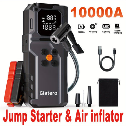 10000A Jump Starter with Air Compressor 160 PSI, Portable Car Battery Jump Starter Pack for Gas & Diesel Engines, USB-C QC 3.0 Fast Charge, Large Display, 3-Mode LED Flashlight, Jumper Cables Included – Giatero Q27