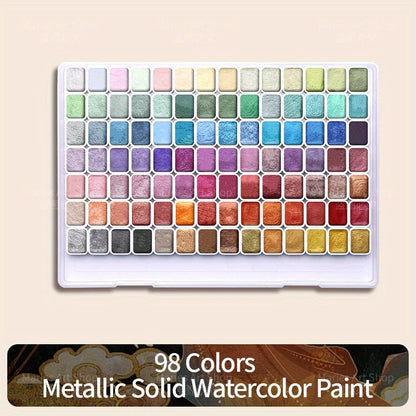 98-Color Metallic Shimmer Watercolor Paint Set Premium Pearl Pigments with Portable Case High Lightfastness for Canvas Illustration Scrapbooking Decoration Art Supplies for Artists Hobbyists